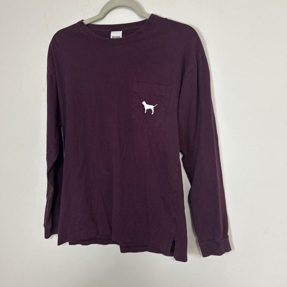 Victoria’s Secret PINK XS Purple Long Sleeve Pocket Tee Logo Back 100% Cotton